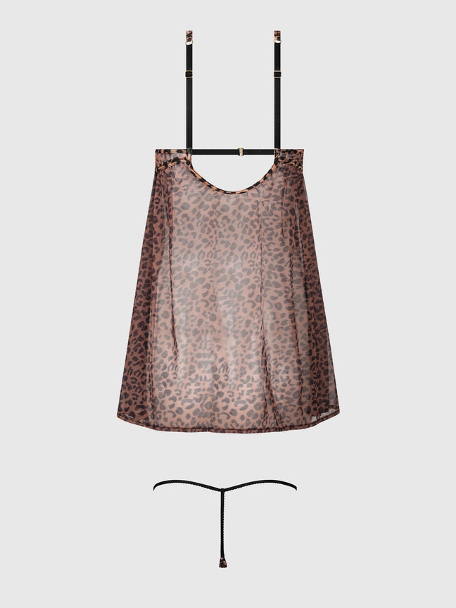 Alia Leopard Mesh Underwire Babydoll & G-String Set featuring sheer leopard print mesh and a black g-string.