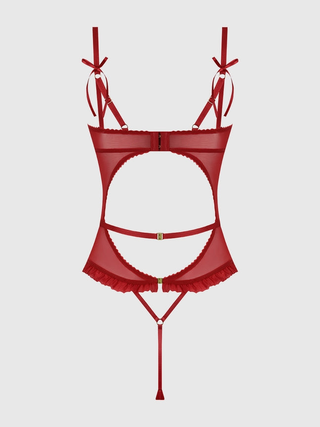 Back view of the Angelina Lips Embroidery Cutout Teddy featuring red lace, bows, and strappy details.