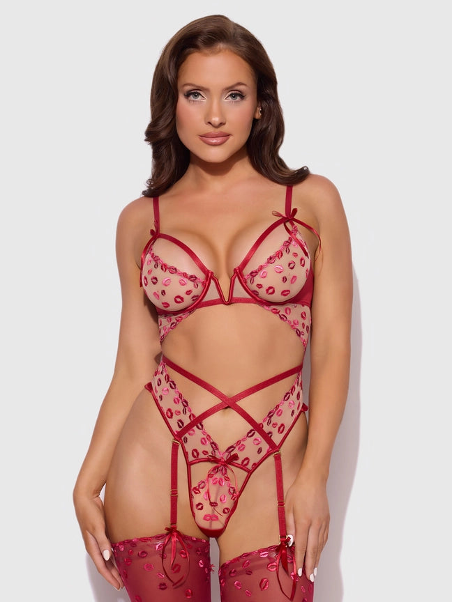 Angelina Lips Embroidery Cutout Teddy featuring red lace, underwire support, and charming bows for seductive flair.