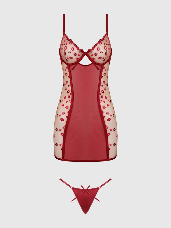 Angelina Lips Embroidery Bow Back Chemise Set with matching G-string panty, featuring embroidered mesh design.