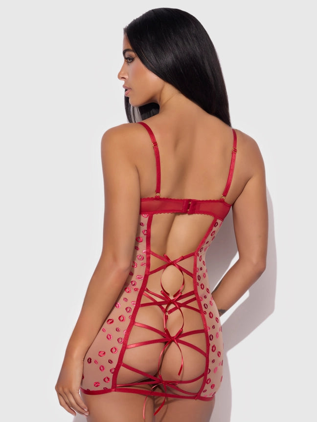 Angelina Lips Embroidery Bow Back Chemise Set showcasing embroidered mesh and undo-me bows at the back.