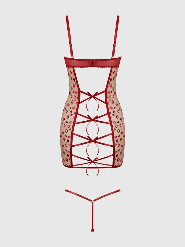 Angelina Lips Embroidery Bow Back Chemise Set featuring sheer mesh and bow details with matching G-string panty.