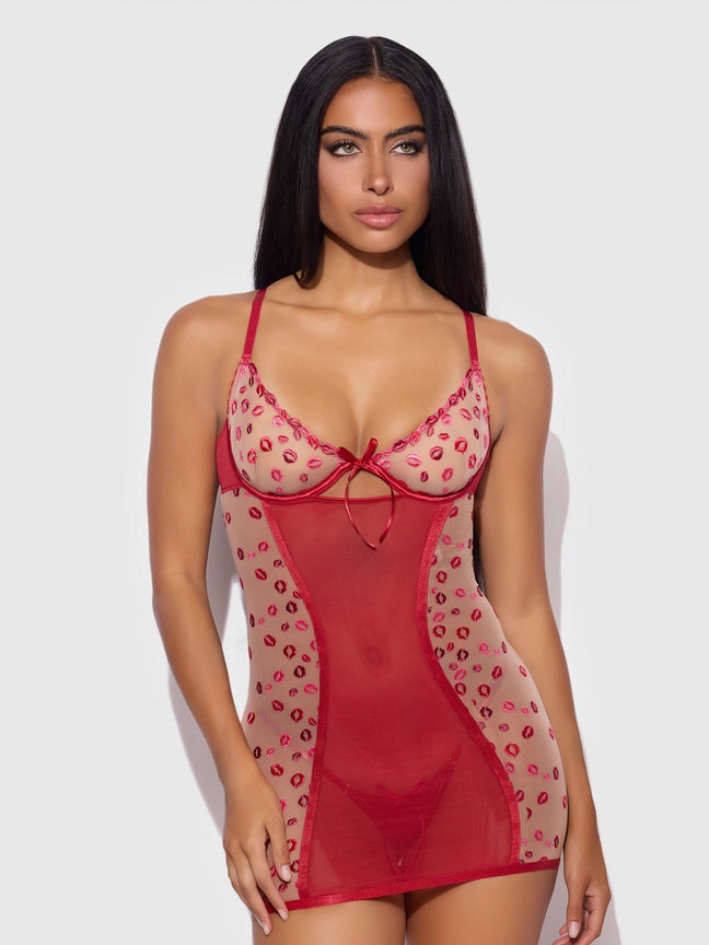 Angelina Lips Embroidery Bow Back Chemise Set showcasing sheer fabric and embroidered details.
