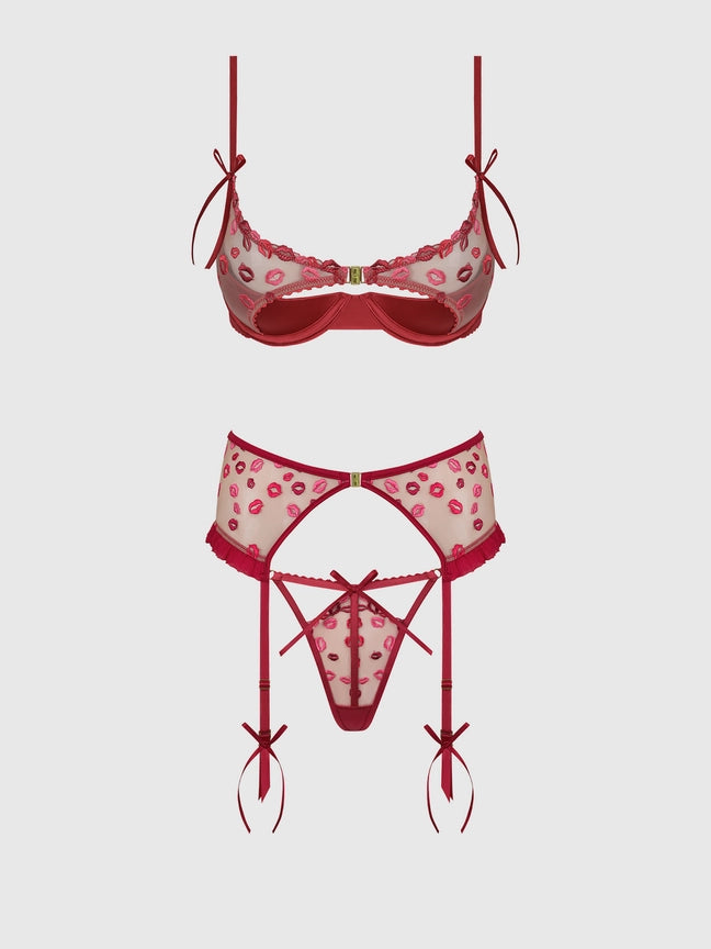 Angelina Lips Embroidery Open Cup Bra, Garter & Bow G-String Set featuring lace, underwire, and embroidered lips design.