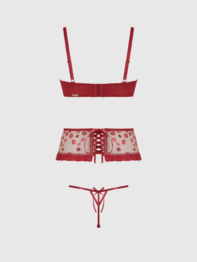 Angelina Lips Embroidery Open Cup Bra, Garter & Bow G-String Set featuring lace and lip embroidery in red.