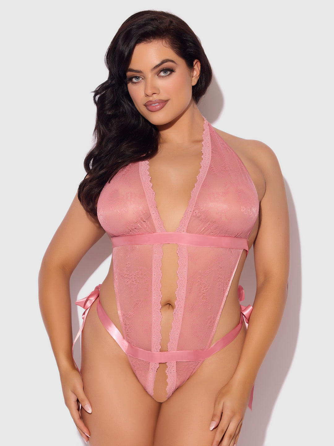Kiki Pink Rose Lace & Satin Drop Off Teddy Plus Size 