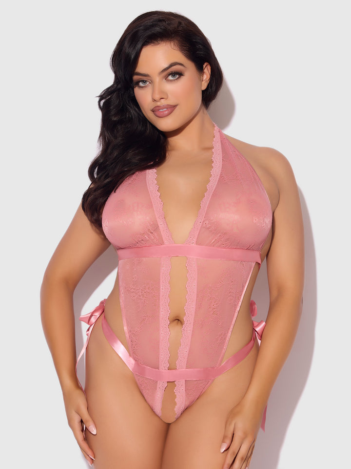 Kiki Pink Rose Lace & Satin Drop Off Teddy Plus Size 