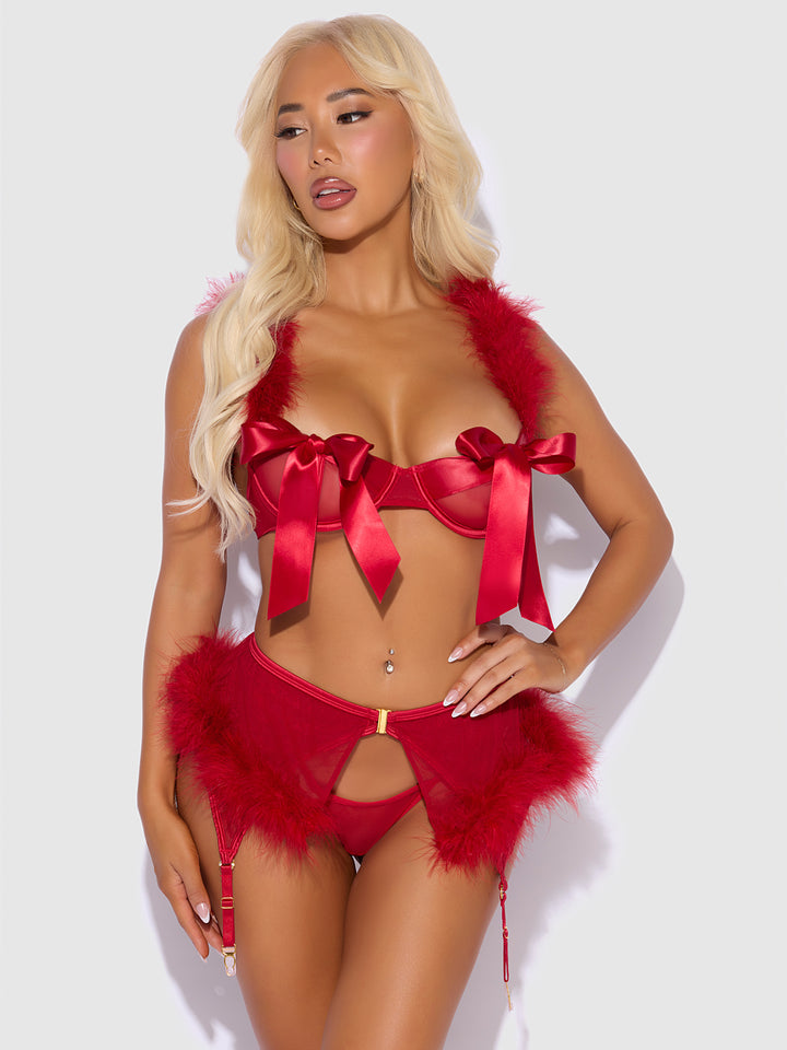 Marilyn Marabou and Mesh Open Bra Set in bold red with satin bows and marabou details, showcasing luxury lingerie elegance.