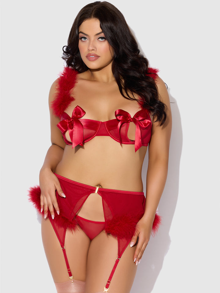 Model showcasing the Marilyn Marabou and Mesh Open Bra Set, featuring red hot lingerie with satin bows and marabou trim.