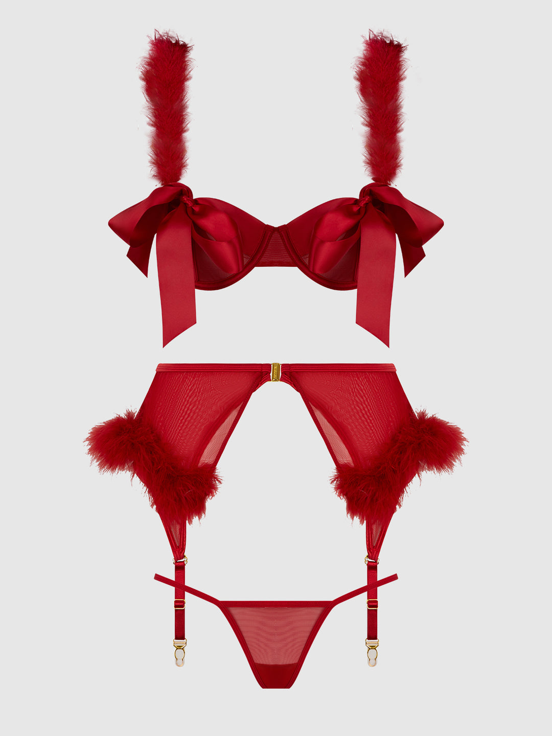 Marilyn Marabou and Mesh Open Bra Set featuring red hot lingerie with satin-trimmed bra and marabou details.
