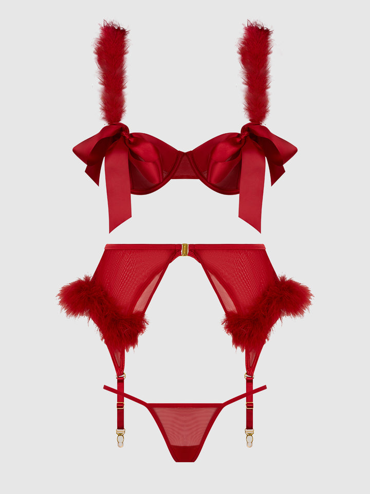 Marilyn Marabou and Mesh Open Bra Set featuring red hot lingerie with satin-trimmed bra and marabou details.