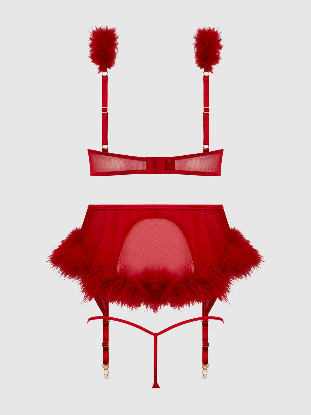 Marilyn Marabou and Mesh Open Bra Set featuring red mesh, marabou trim, and satin details in a glamorous design.