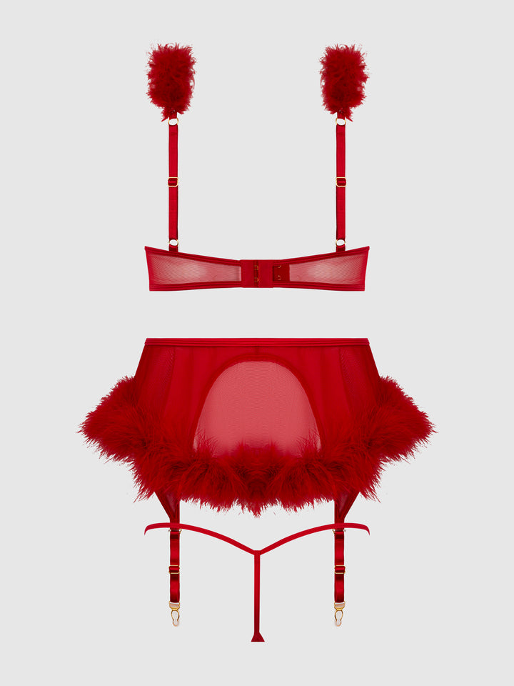 Marilyn Marabou and Mesh Open Bra Set featuring red mesh, marabou trim, and satin details in a glamorous design.