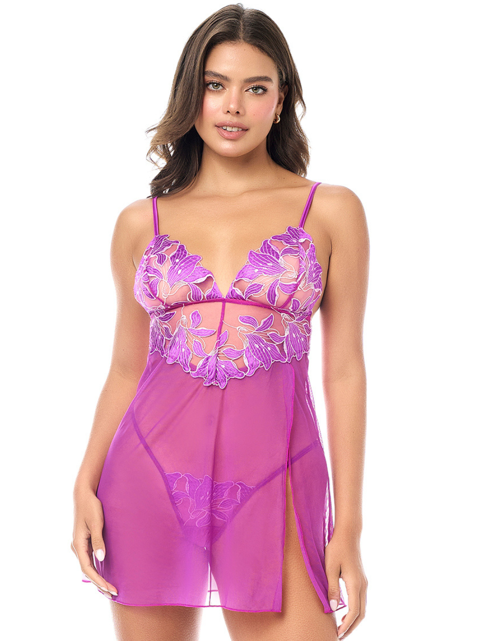 Orchid Whisper Babydoll Set featuring sheer mesh and floral embroidery for an irresistible feminine look.