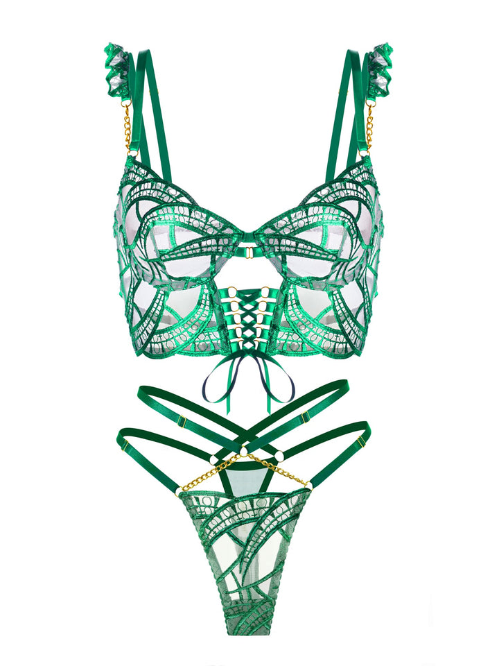 Luxe Green Metallic Bustier Set by Hello.L.A.Girl, stylish faux-leather lingerie with lace details and adjustable straps.