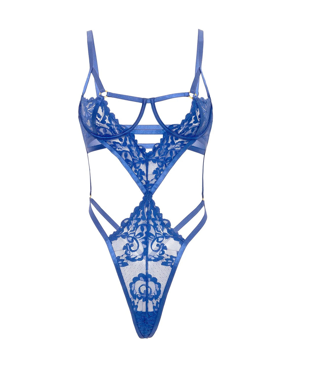 Damaris Strappy Lace Teddy in blue, featuring caged underwire cups and sheer lace details for a sexy look.