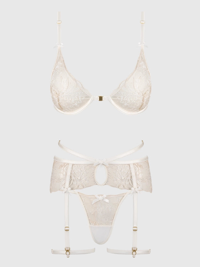 Delilah Embroidered Push Up Bra, Garter & Open Panty set featuring embroidered lace and delicate straps.
