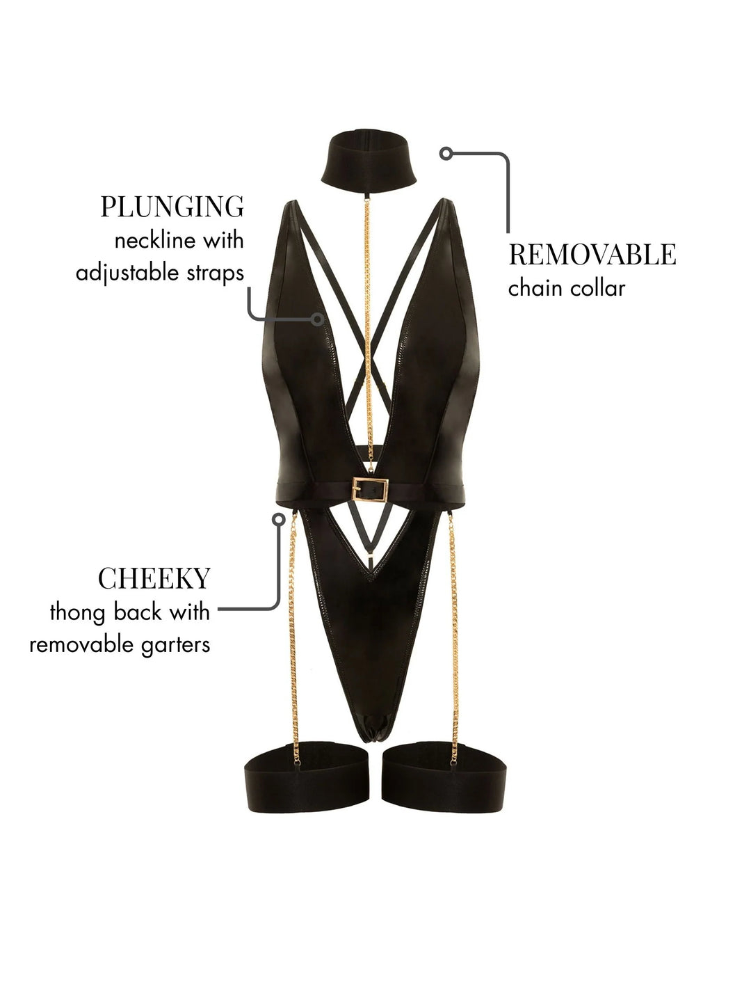 Helena Harness Haven Plunge Teddy showcasing plunging neckline, removable chain collar, and cheeky thong back.