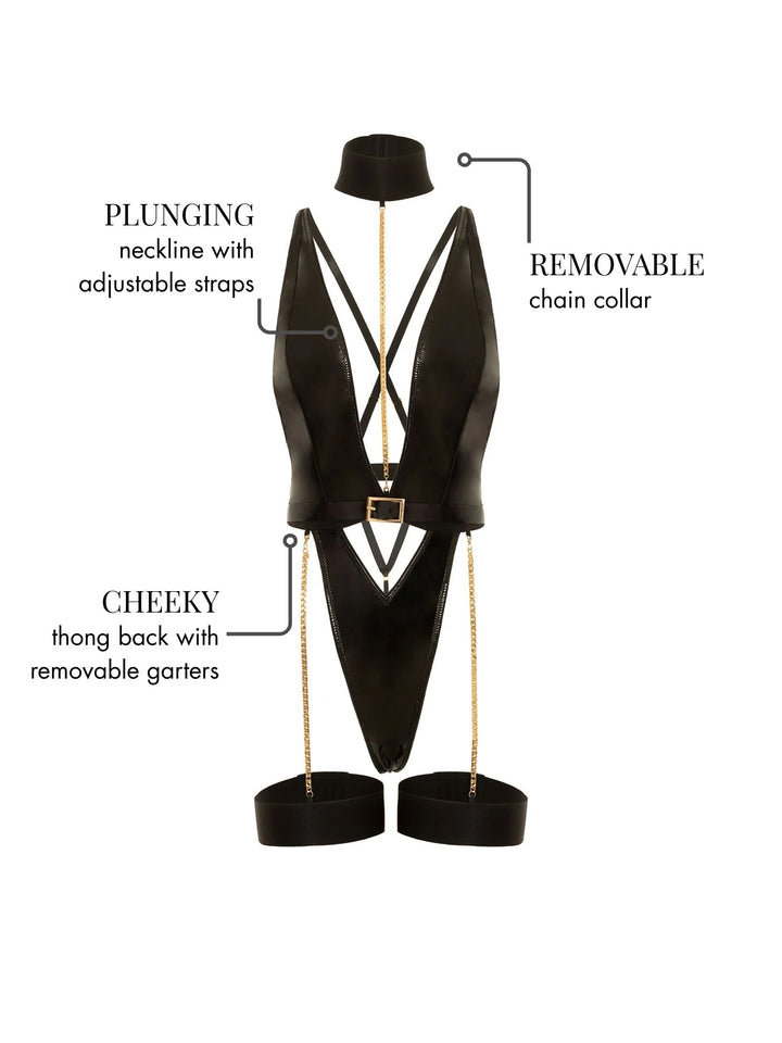 Helena Harness Haven Plunge Teddy showcasing plunging neckline, removable chain collar, and cheeky thong back.
