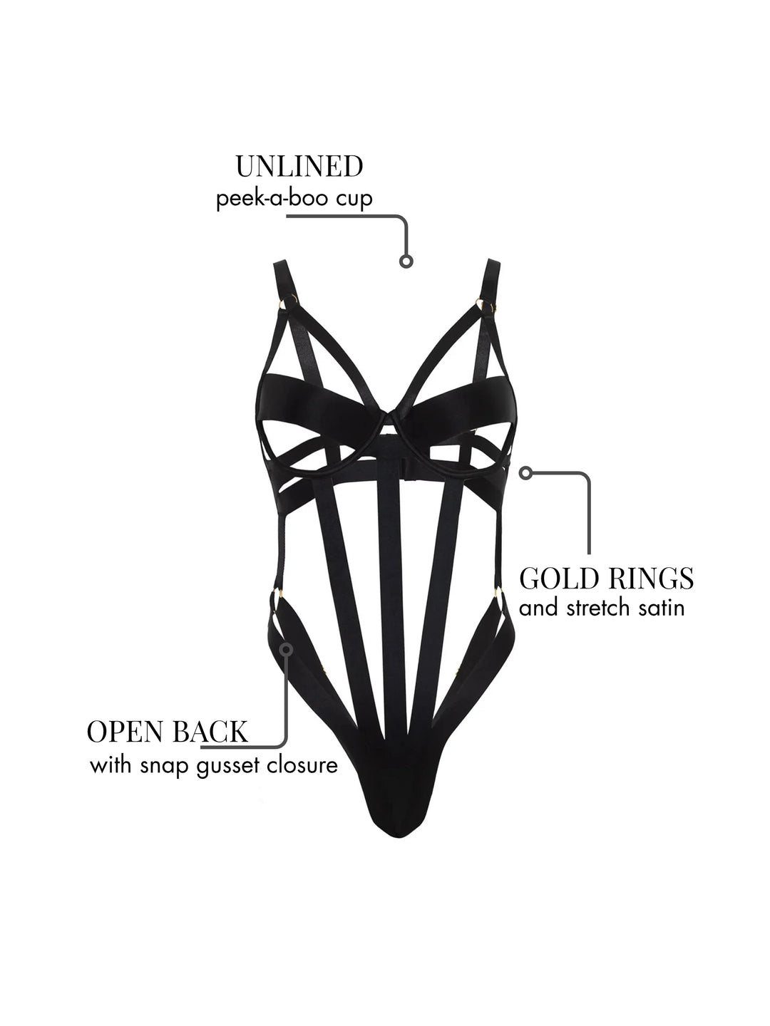 Marcella Strappy Teddy featuring unlined peek-a-boo cup, gold rings, and open back with snap gusset closure.