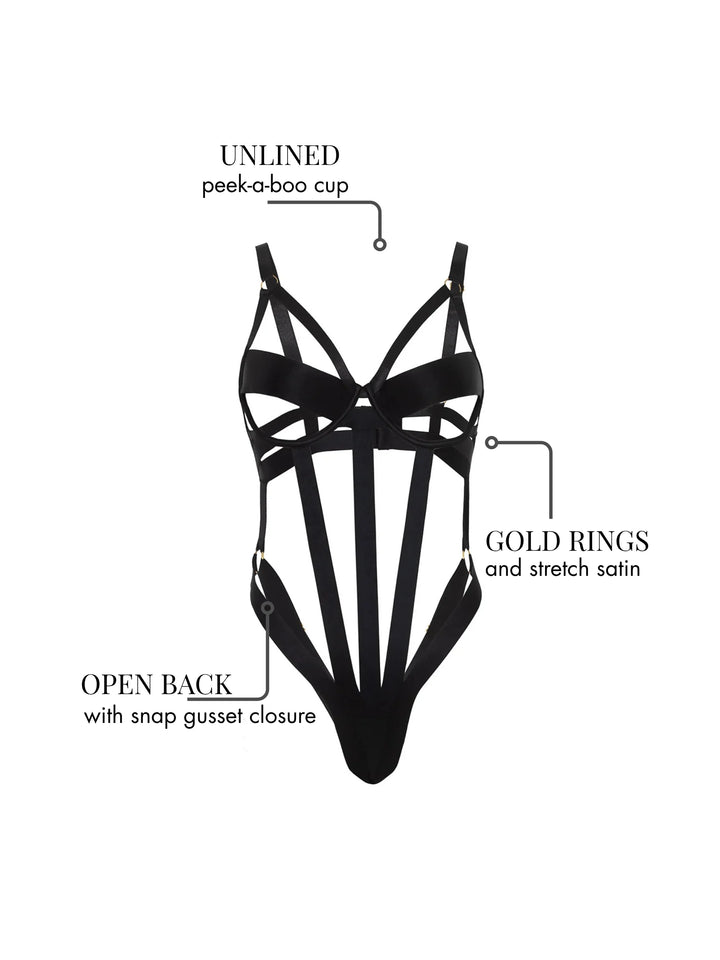 Marcella Strappy Teddy featuring unlined peek-a-boo cup, gold rings, and open back with snap gusset closure.