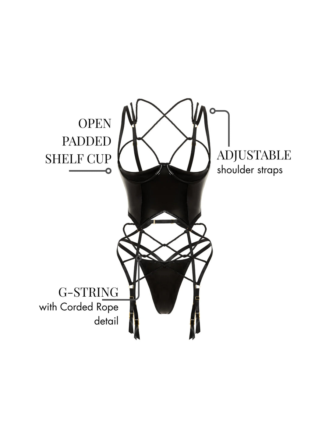 Cristina Strappy Merrywidow Bra Set featuring open padded shelf cup, adjustable straps, and corded rope detail G-string.