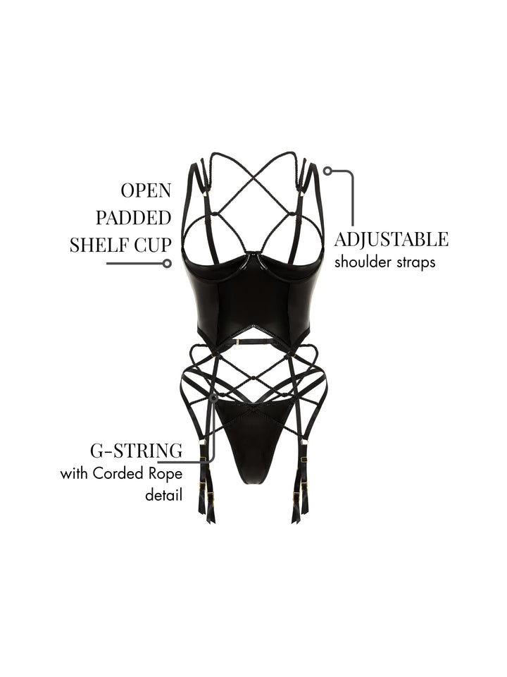 Cristina Strappy Merrywidow Bra Set featuring open padded shelf cup, adjustable straps, and corded rope detail G-string.