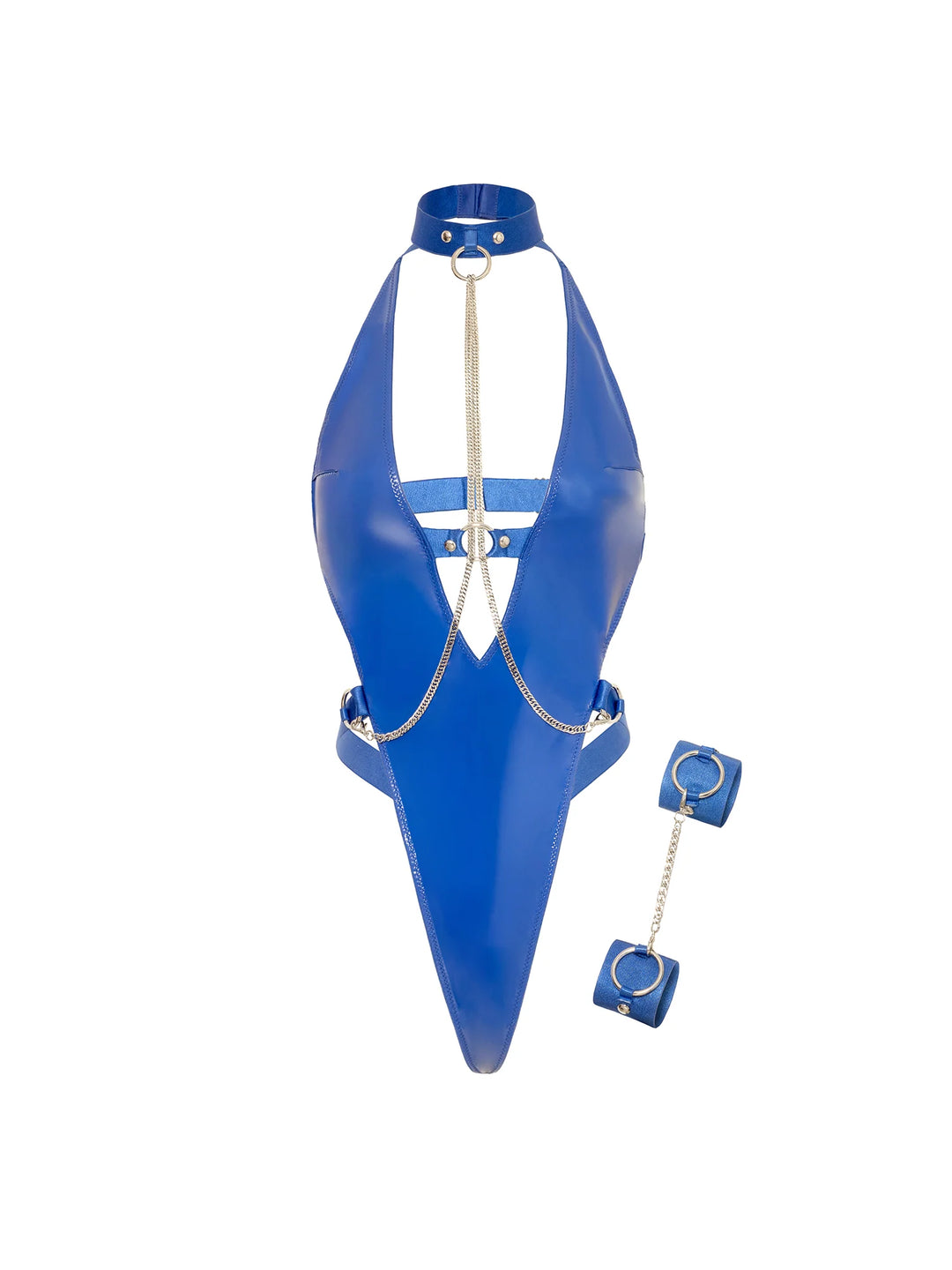 Nicoletta Chain Teddy in sleek blue vinyl with plunging front, chain details, and cuffs for bold desires.