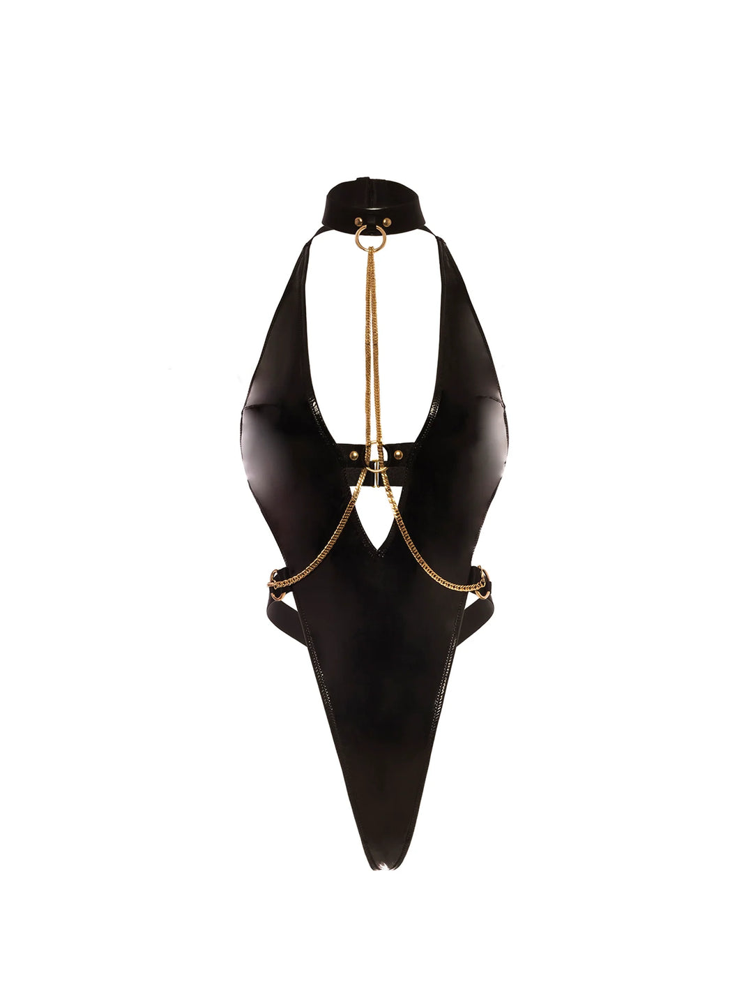 Nicoletta Chain Teddy featuring sleek vinyl, plunging cut-out front, daring chains, and G-string back for a seductive look.