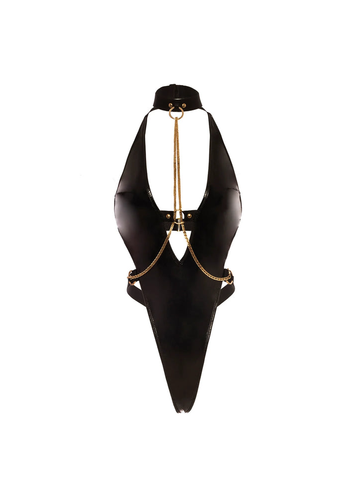 Nicoletta Chain Teddy featuring sleek vinyl, plunging cut-out front, daring chains, and G-string back for a seductive look.