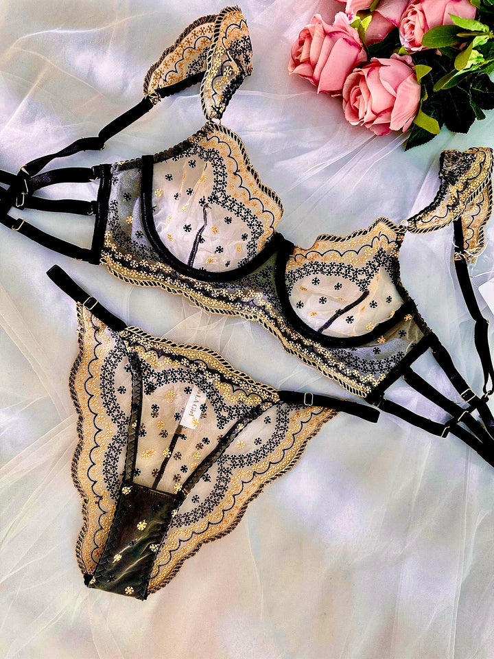 Black&Gold Luxury Lace Embroidered Lingerie Set