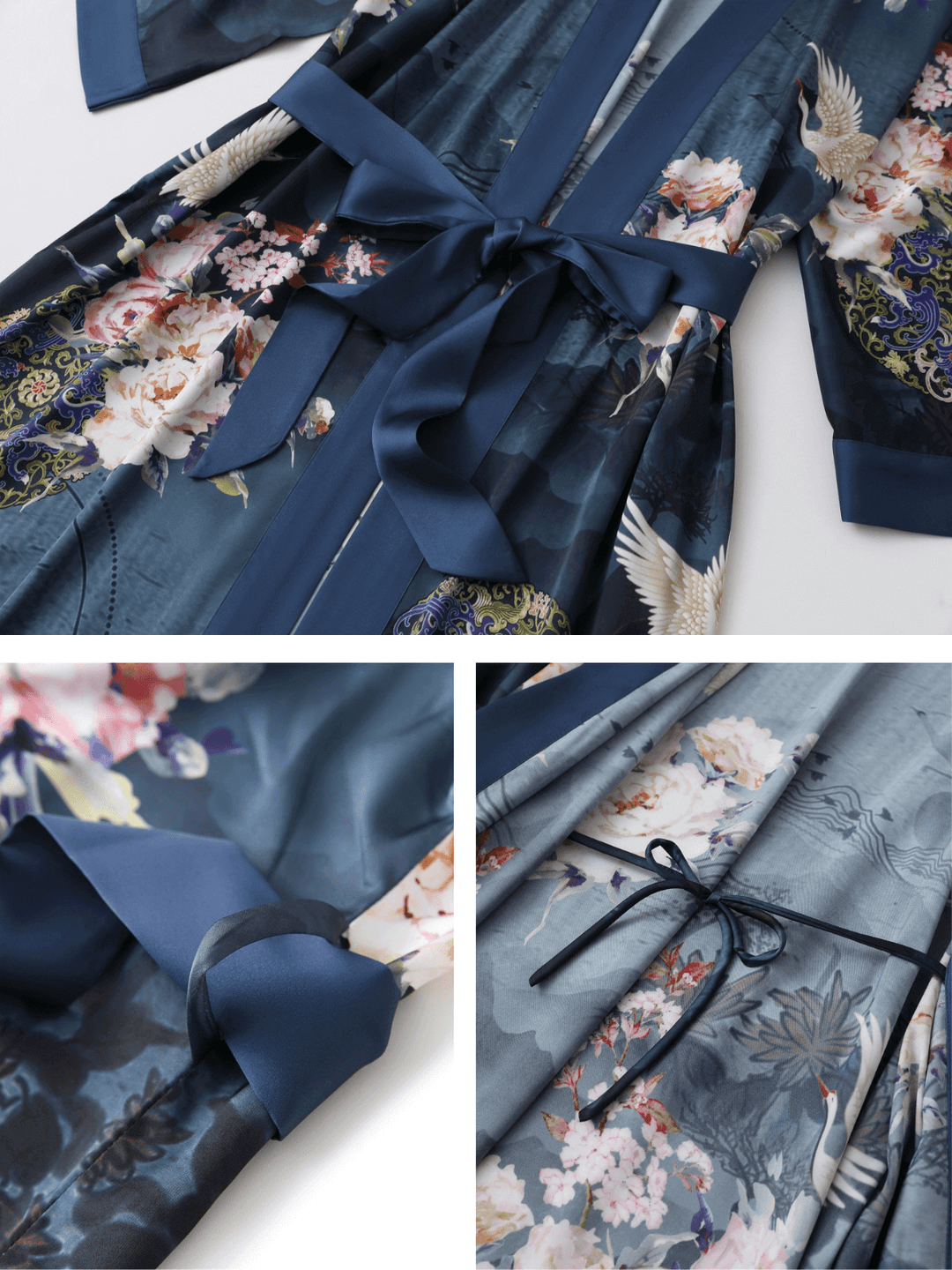 Short Kimono Robe Crane featuring luxurious fabric with hand-painted floral designs and a stylish tie.