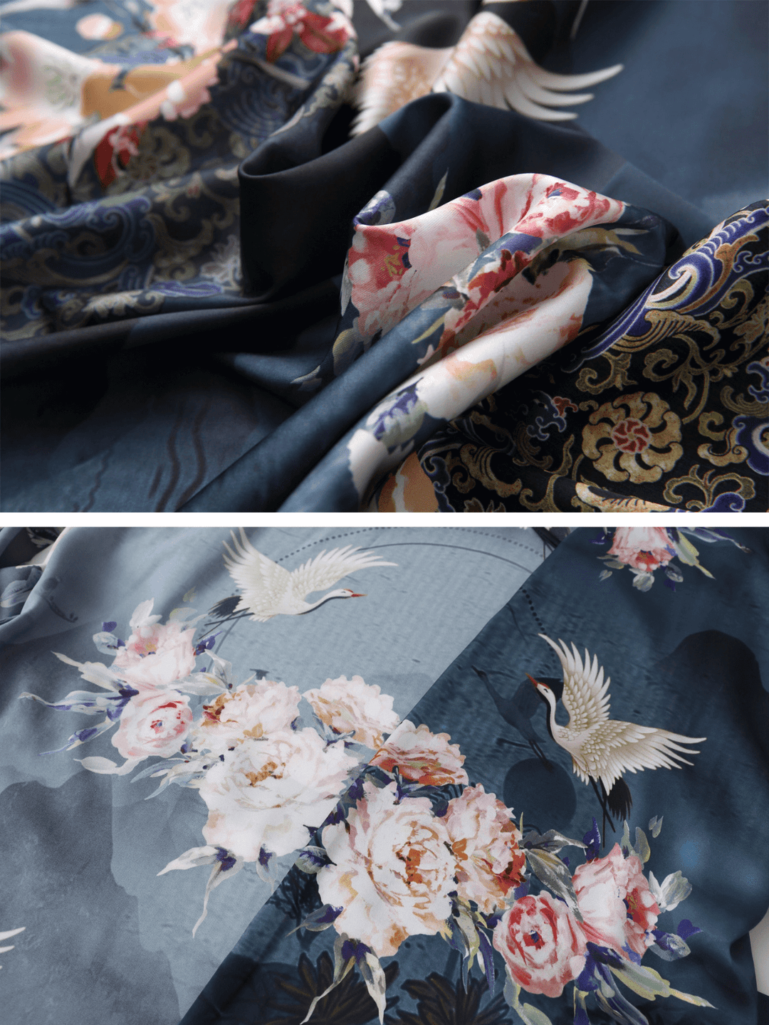 Elegant Short Kimono Robe Crane with luxurious floral prints and silky texture.