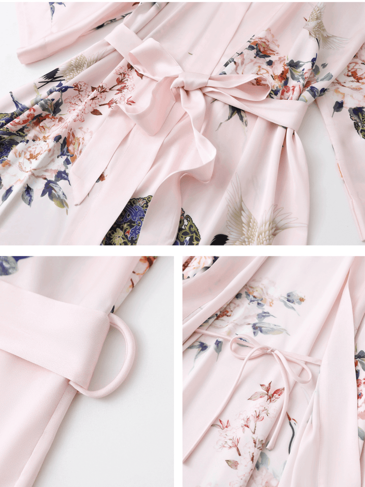 Garden Crane Blush Kimono Robe featuring luxurious hand-painted floral prints and silky soft fabric.