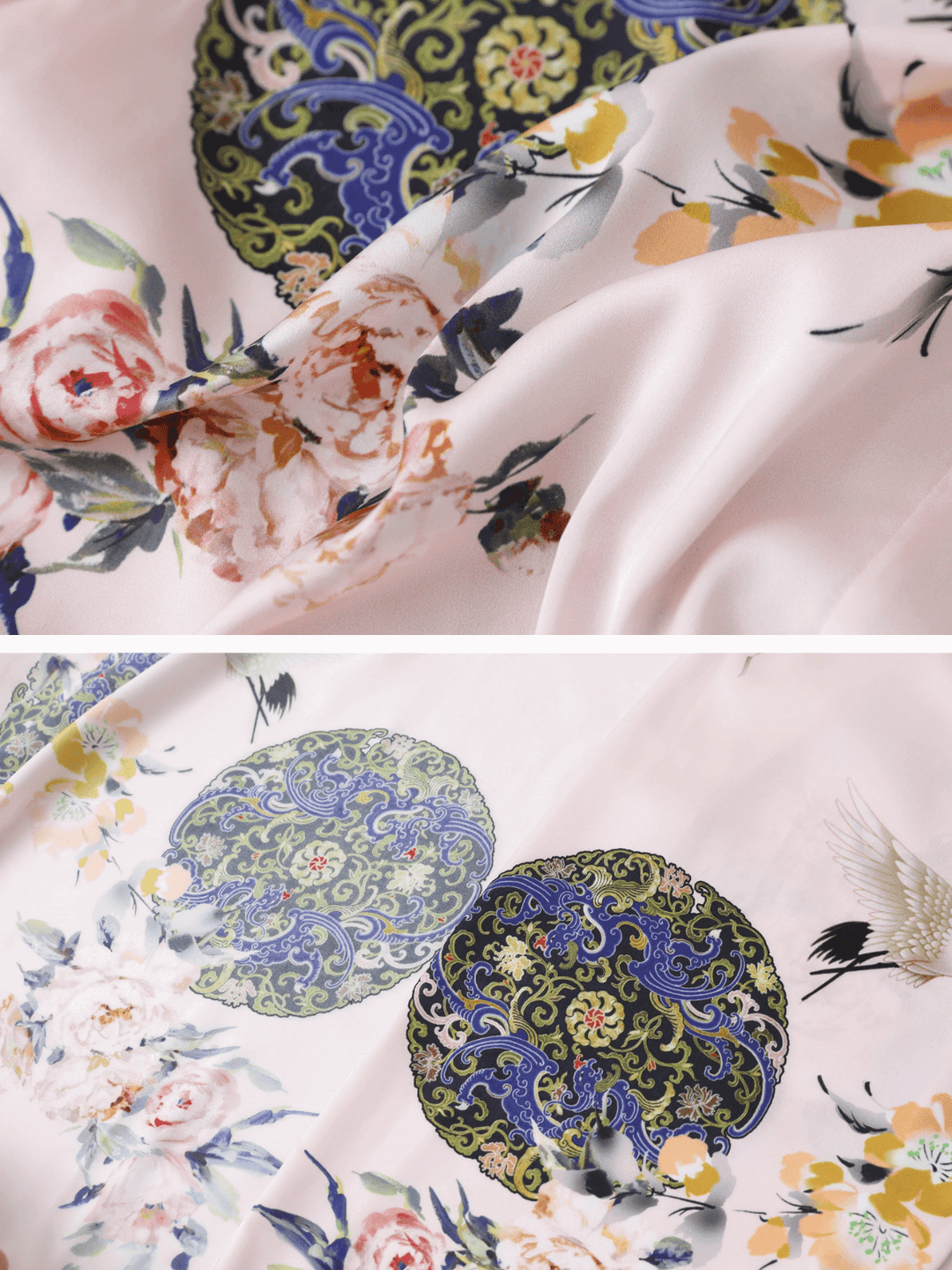 Garden Crane Blush Kimono Robe luxurious floral fabric detail with vibrant colors and intricate patterns.