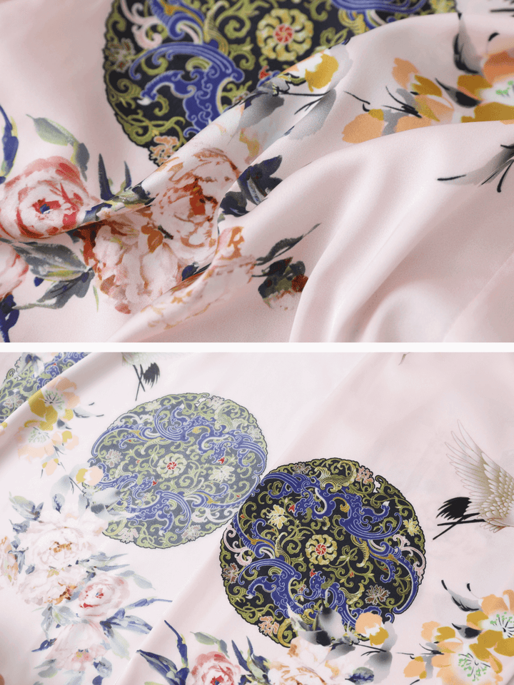 Garden Crane Blush Kimono Robe luxurious floral fabric detail with vibrant colors and intricate patterns.