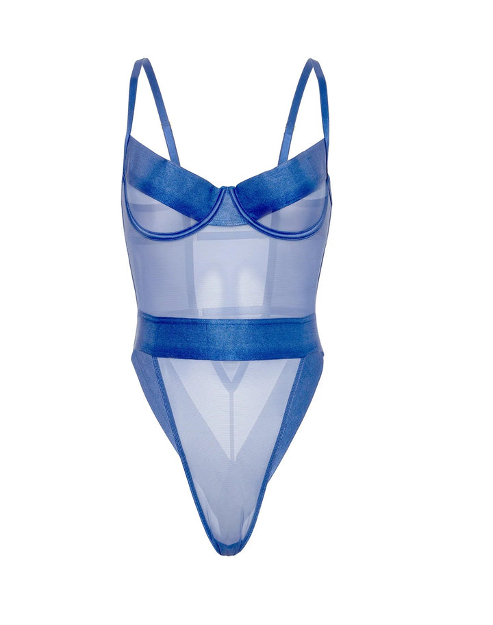 Gia Strappy Mesh Teddy in blue featuring sheer mesh, unlined underwire cups, and a provocative open caged back.