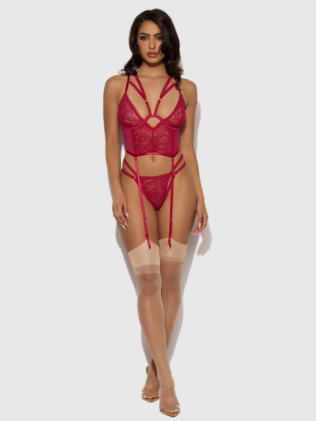 Bianca Strappy Lace Bustier and Thong Set in red lace, featuring a wired top and sultry g-string for a sexy look.