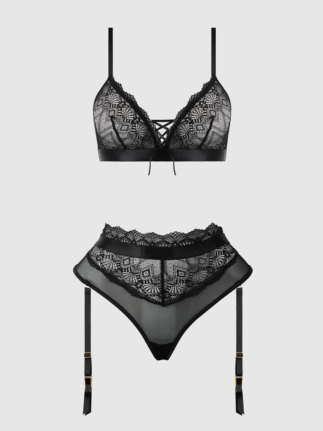 Vivienne Lace Bralette and Thong Set in black lace with criss-cross design, perfect for everyday sexy allure.