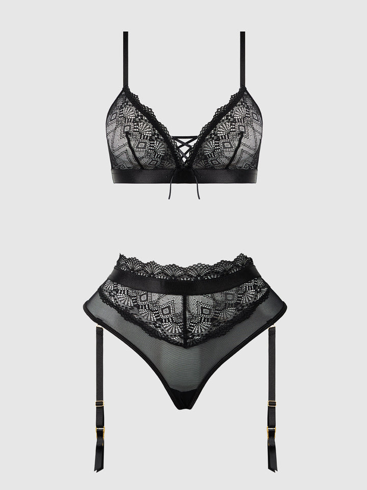 Vivienne Lace Bralette and Thong Set in black lace with criss-cross design, perfect for everyday sexy allure.