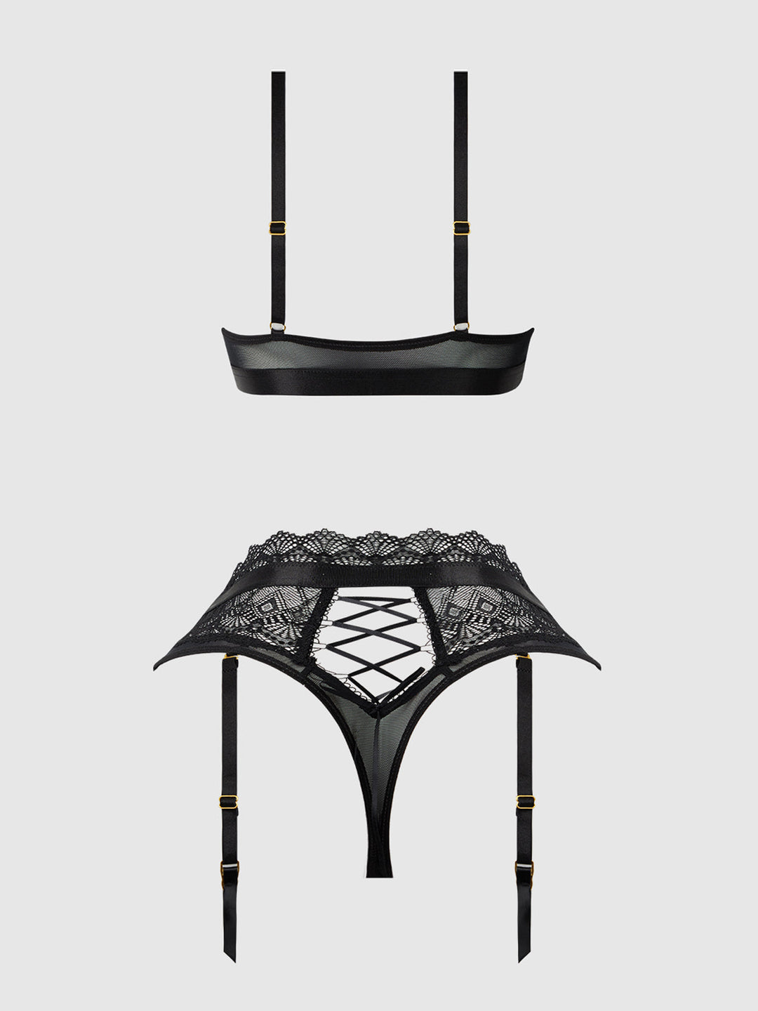 Vivienne Lace Bralette and Thong Set in black lace and micro fabric for a sexy everyday look.