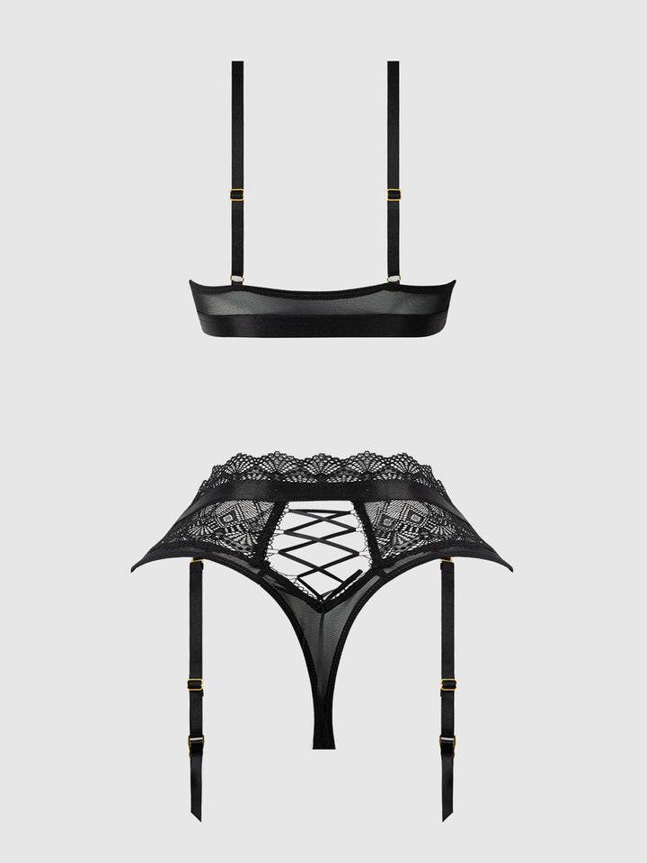 Vivienne Lace Bralette and Thong Set in black lace and micro fabric for a sexy everyday look.