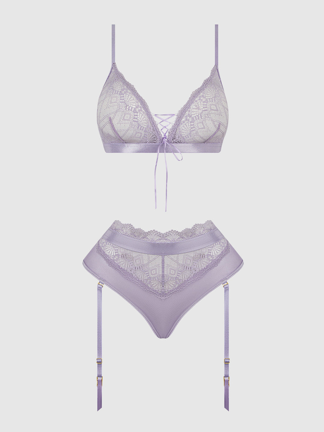Vivienne Lace Bralette and Thong Set in soft lace, featuring a wireless design and criss-cross detail, perfect for everyday wear.