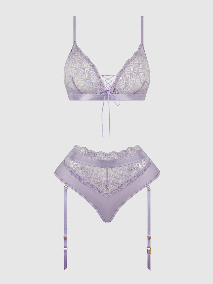 Vivienne Lace Bralette and Thong Set in soft lace, featuring a wireless design and criss-cross detail, perfect for everyday wear.