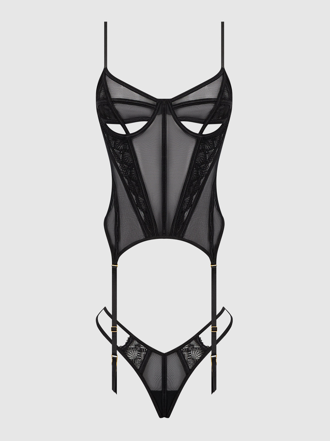 Vivienne Lace and Mesh Bustier Set featuring lace, mesh, peekaboo cups, garter straps, and matching G-string.