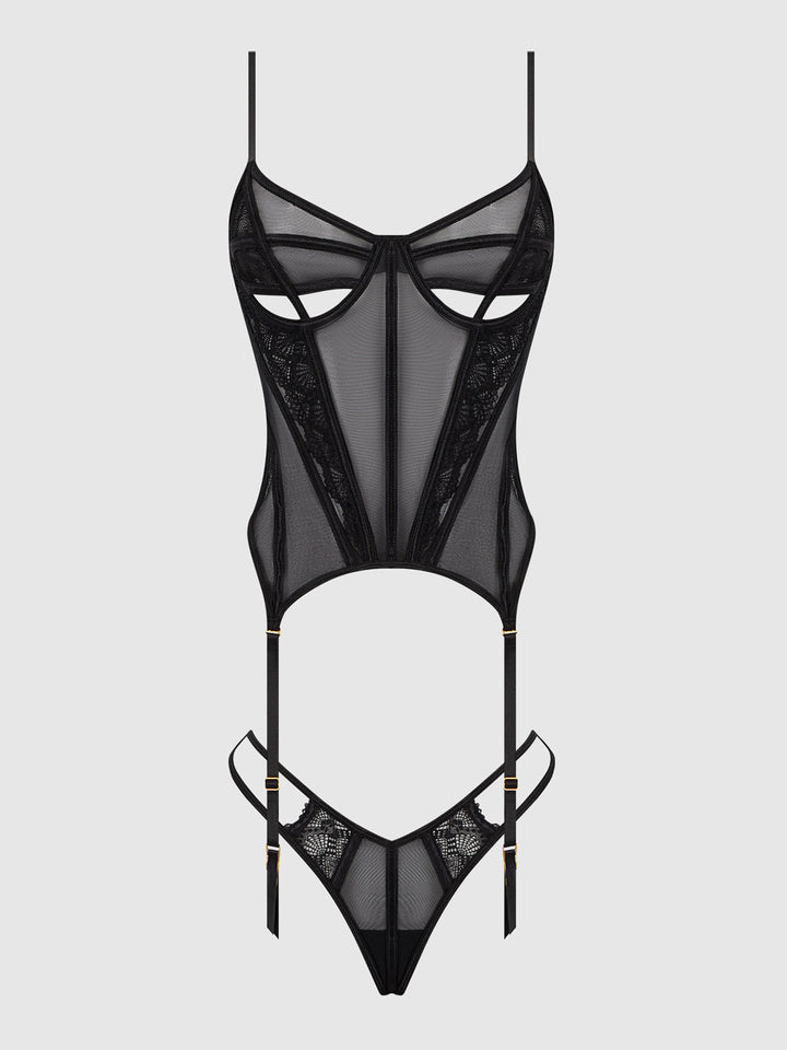 Vivienne Lace and Mesh Bustier Set featuring lace, mesh, peekaboo cups, garter straps, and matching G-string.