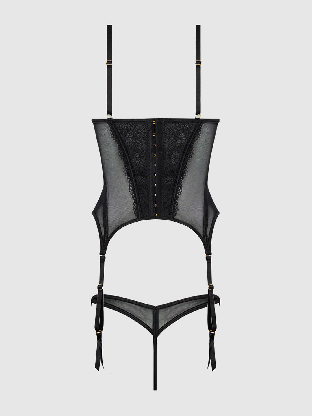 Vivienne Lace and Mesh Bustier Set featuring removable garter straps and adjustable elements for a sexy look.