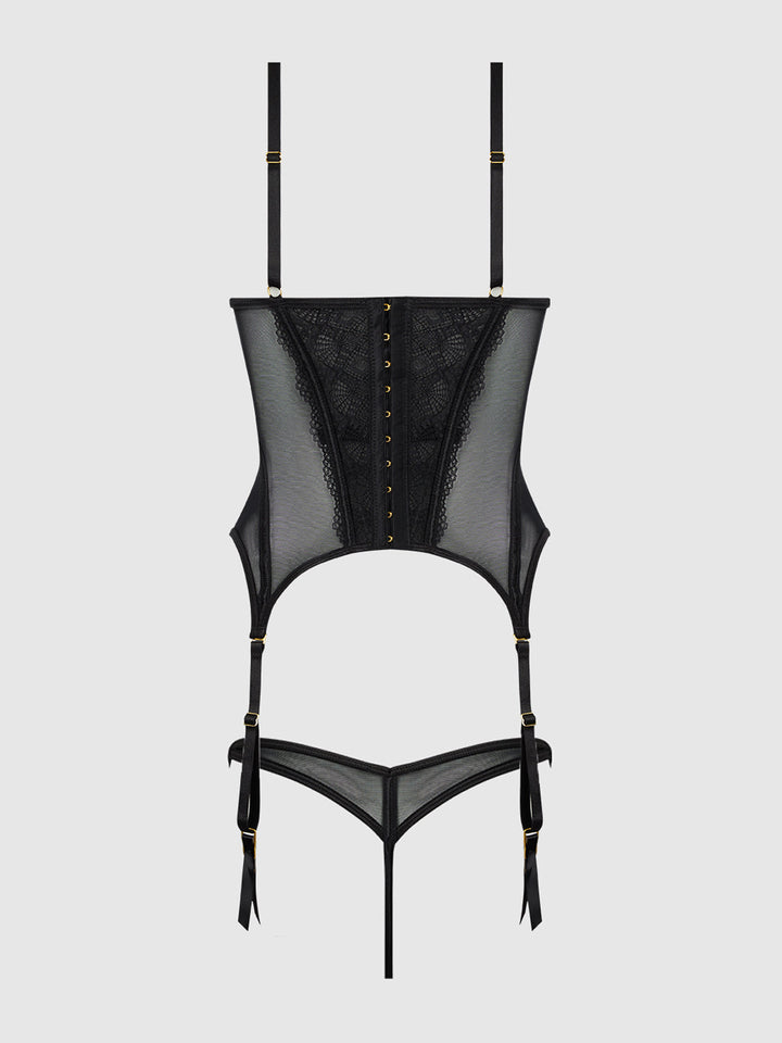 Vivienne Lace and Mesh Bustier Set featuring removable garter straps and adjustable elements for a sexy look.
