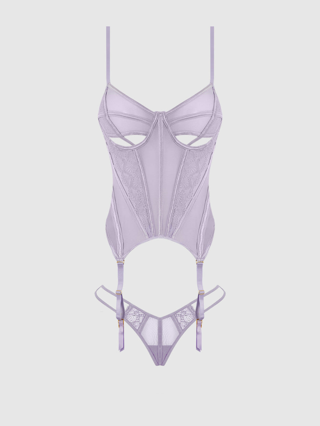 Vivienne Lace and Mesh Bustier Set in lavender with peekaboo cups and garter straps for a sexy look.