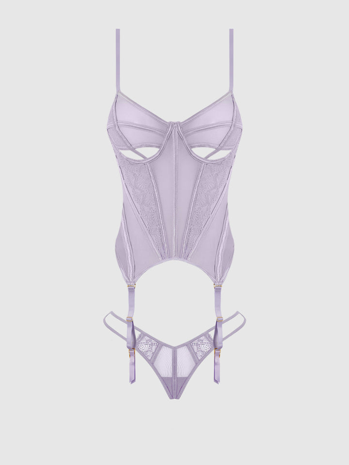 Vivienne Lace and Mesh Bustier Set in lavender with peekaboo cups and garter straps for a sexy look.